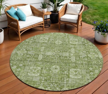 8' Artichoke Green And Ivory Round Oriental Washable Indoor Outdoor Area Rug