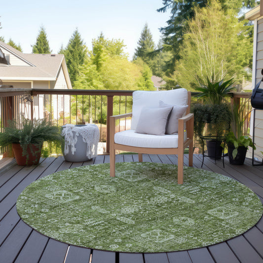 8' Artichoke Green And Ivory Round Oriental Washable Indoor Outdoor Area Rug