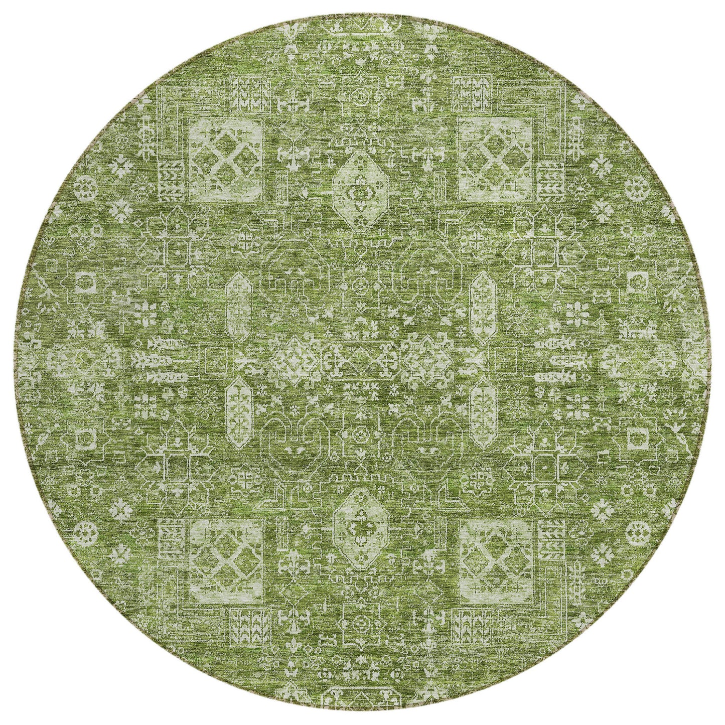 8' Artichoke Green And Ivory Round Oriental Washable Indoor Outdoor Area Rug