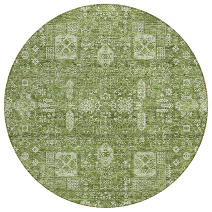 8' Artichoke Green And Ivory Round Oriental Washable Indoor Outdoor Area Rug