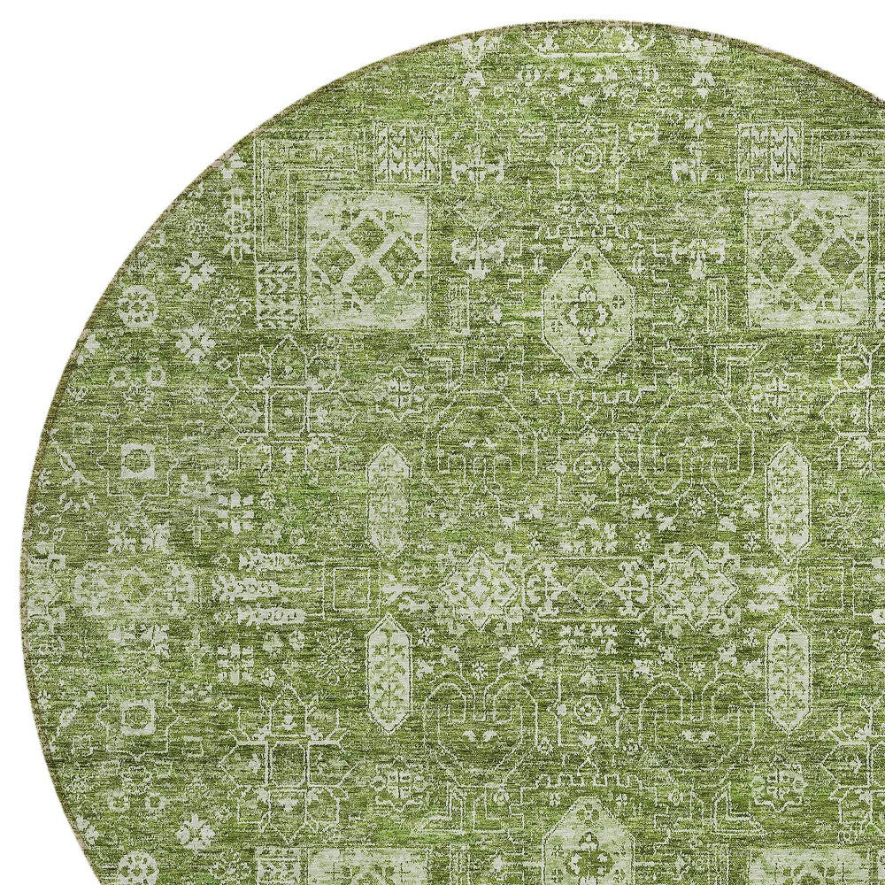 8' Artichoke Green And Ivory Round Oriental Washable Indoor Outdoor Area Rug