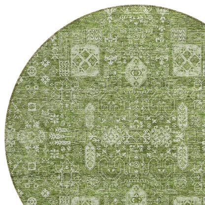 8' Artichoke Green And Ivory Round Oriental Washable Indoor Outdoor Area Rug