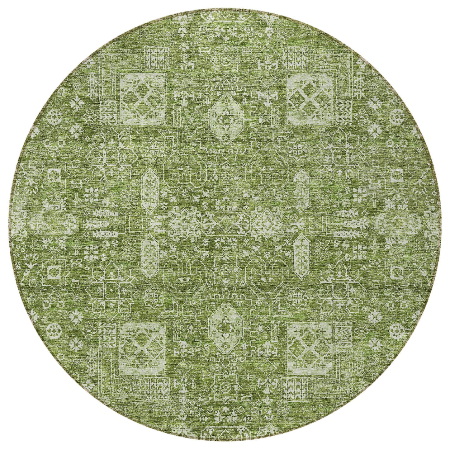 8' Artichoke Green And Ivory Round Oriental Washable Indoor Outdoor Area Rug