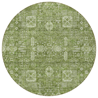8' Artichoke Green And Ivory Round Oriental Washable Indoor Outdoor Area Rug