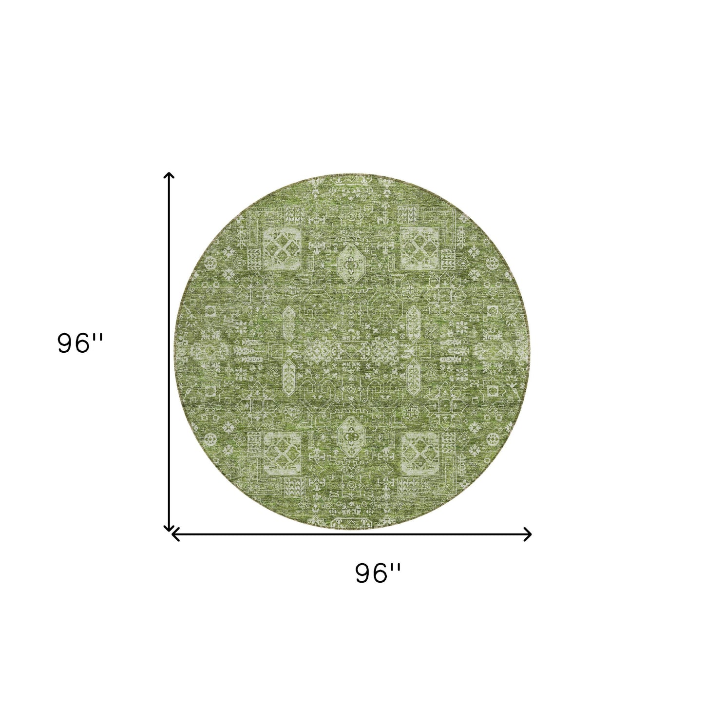 8' Artichoke Green And Ivory Round Oriental Washable Indoor Outdoor Area Rug