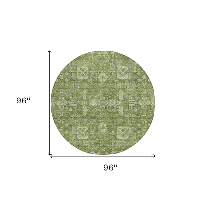 8' Artichoke Green And Ivory Round Oriental Washable Indoor Outdoor Area Rug