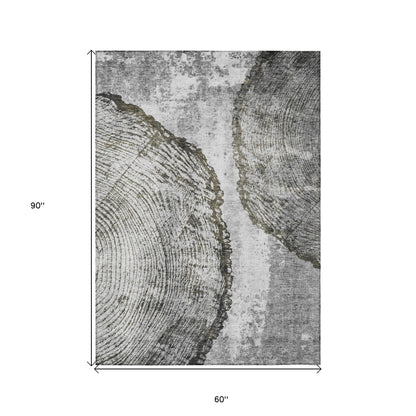 5' X 8' Gray Taupe And Silver Abstract Washable Indoor Outdoor Area Rug