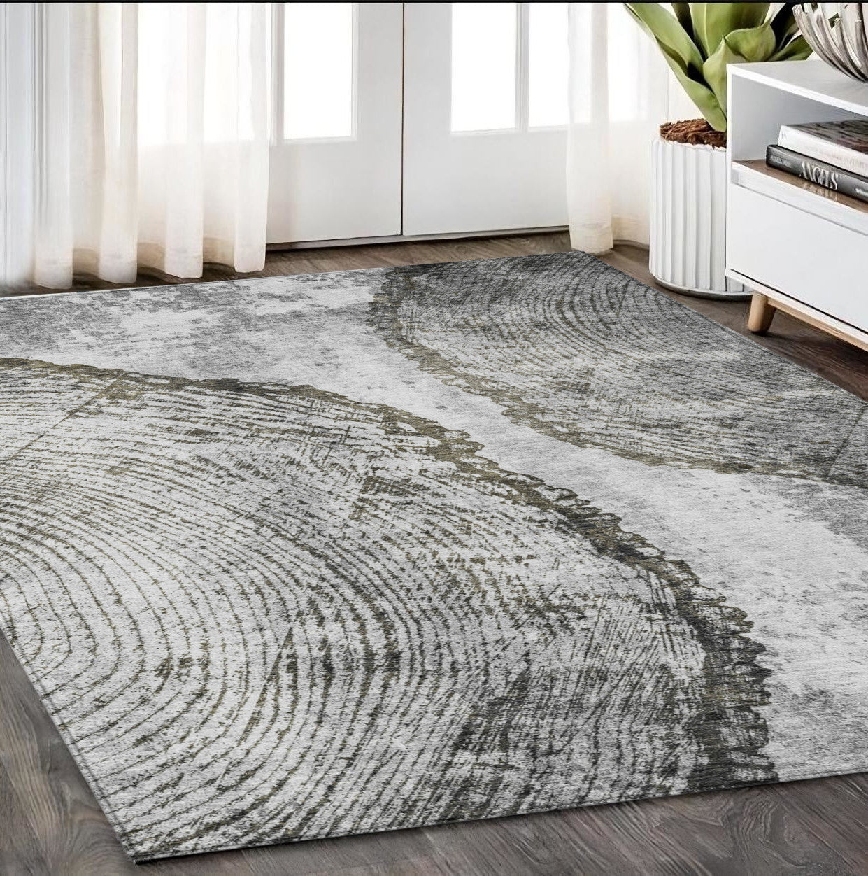 5' X 8' Gray Taupe And Silver Abstract Washable Indoor Outdoor Area Rug