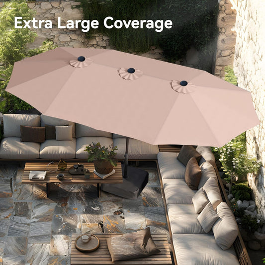 15Ft Large Patio Umbrellas with Base Included, Outdoor Double-Sided Rectangle Market Umbrella with Crank Handle, for Poolside Lawn Garden, Beige