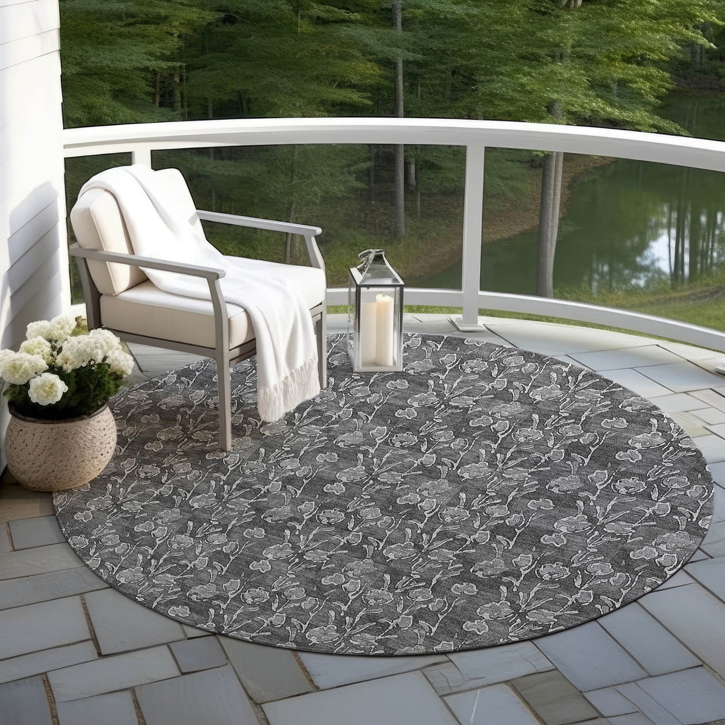 8' Gray Charcoal And Silver Round Floral Washable Indoor Outdoor Area Rug
