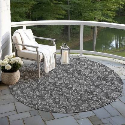 8' Gray Charcoal And Silver Round Floral Washable Indoor Outdoor Area Rug