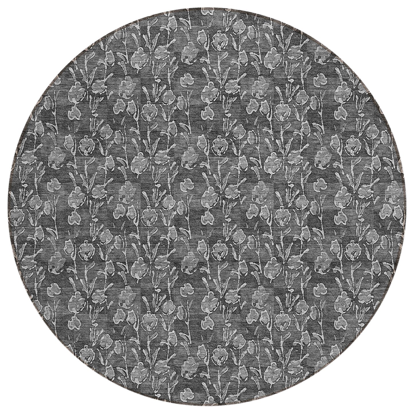 8' Gray Charcoal And Silver Round Floral Washable Indoor Outdoor Area Rug