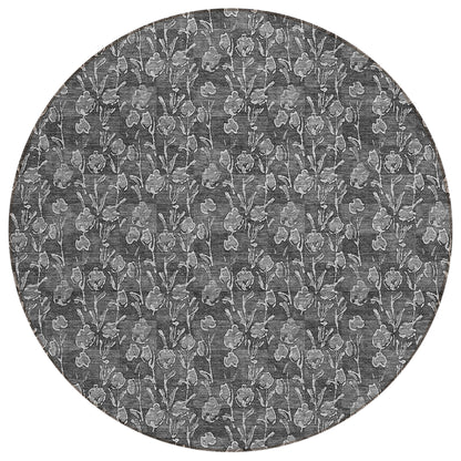 8' Gray Charcoal And Silver Round Floral Washable Indoor Outdoor Area Rug