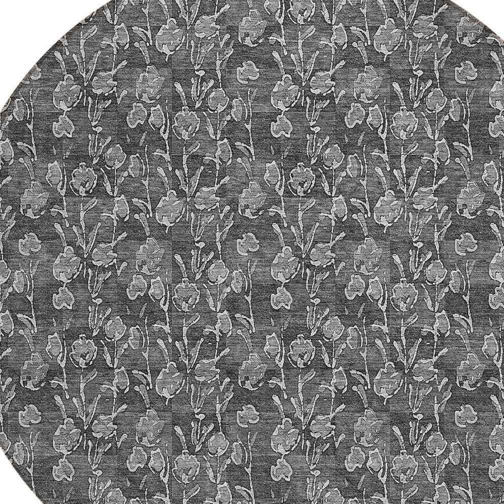 8' Gray Charcoal And Silver Round Floral Washable Indoor Outdoor Area Rug