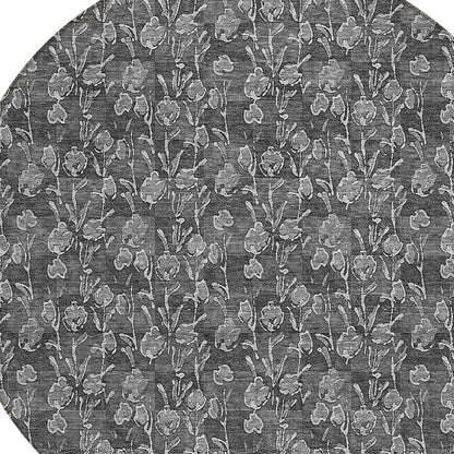 8' Gray Charcoal And Silver Round Floral Washable Indoor Outdoor Area Rug
