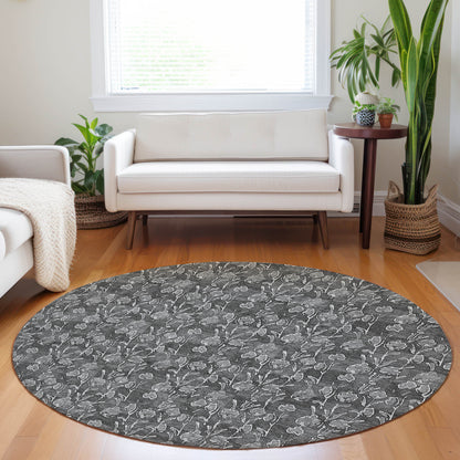 8' Gray Charcoal And Silver Round Floral Washable Indoor Outdoor Area Rug