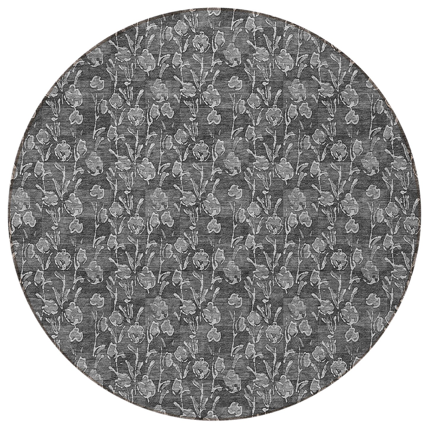 8' Gray Charcoal And Silver Round Floral Washable Indoor Outdoor Area Rug