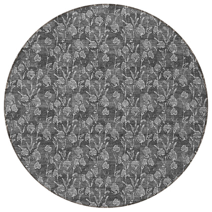 8' Gray Charcoal And Silver Round Floral Washable Indoor Outdoor Area Rug
