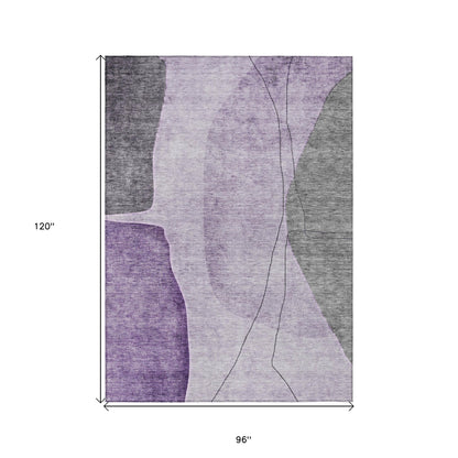 8' X 10' Purple Eggplant And Gray Abstract Washable Indoor Outdoor Area Rug