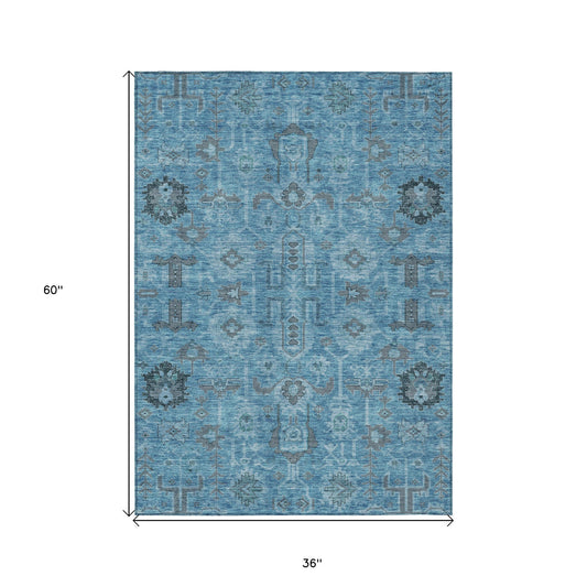3' X 5' Sky Blue And Gray Oriental Washable Indoor Outdoor Area Rug
