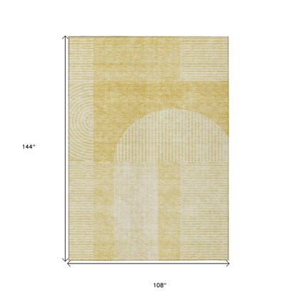 9' X 12' Gold Ivory And Yellow Geometric Washable Indoor Outdoor Area Rug