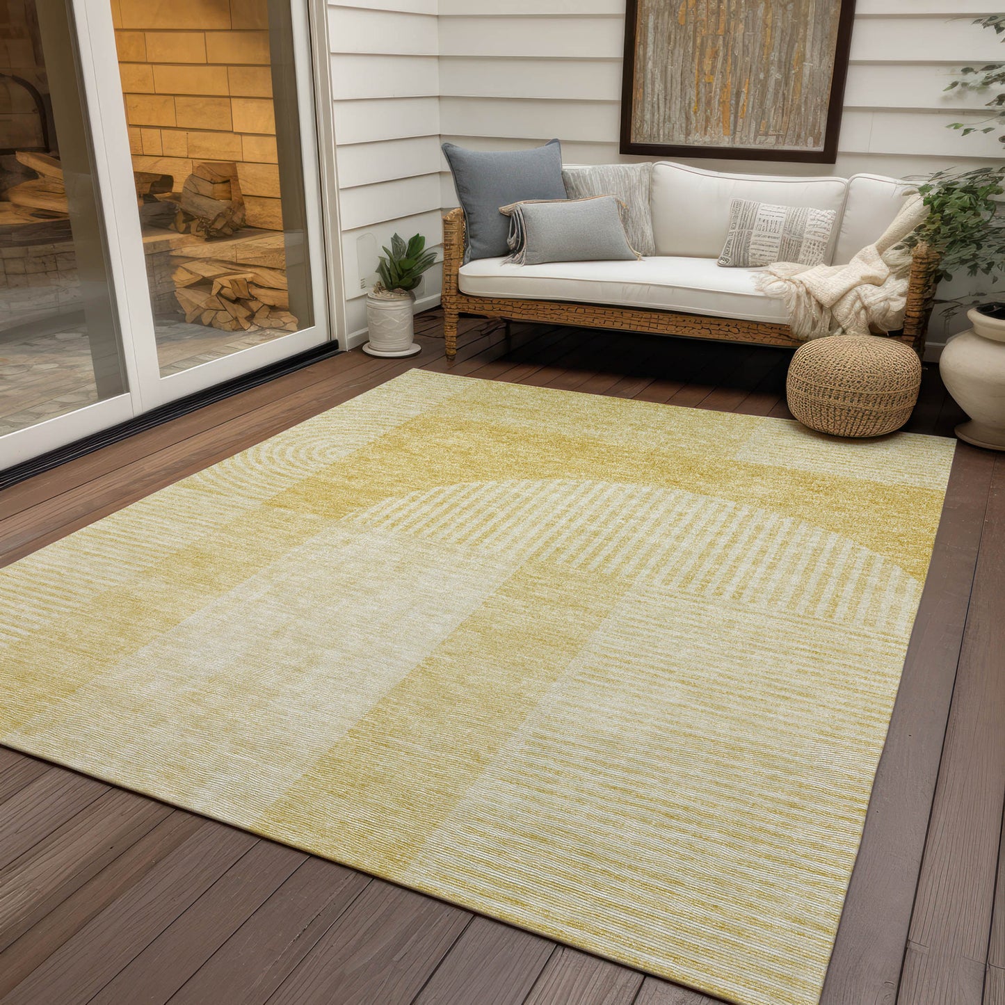 9' X 12' Gold Ivory And Yellow Geometric Washable Indoor Outdoor Area Rug