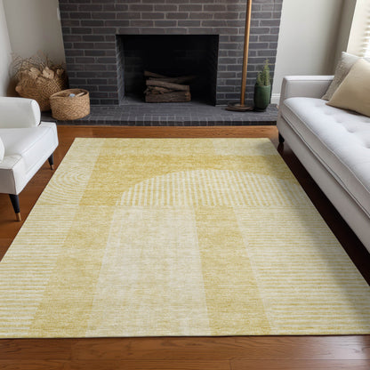 9' X 12' Gold Ivory And Yellow Geometric Washable Indoor Outdoor Area Rug