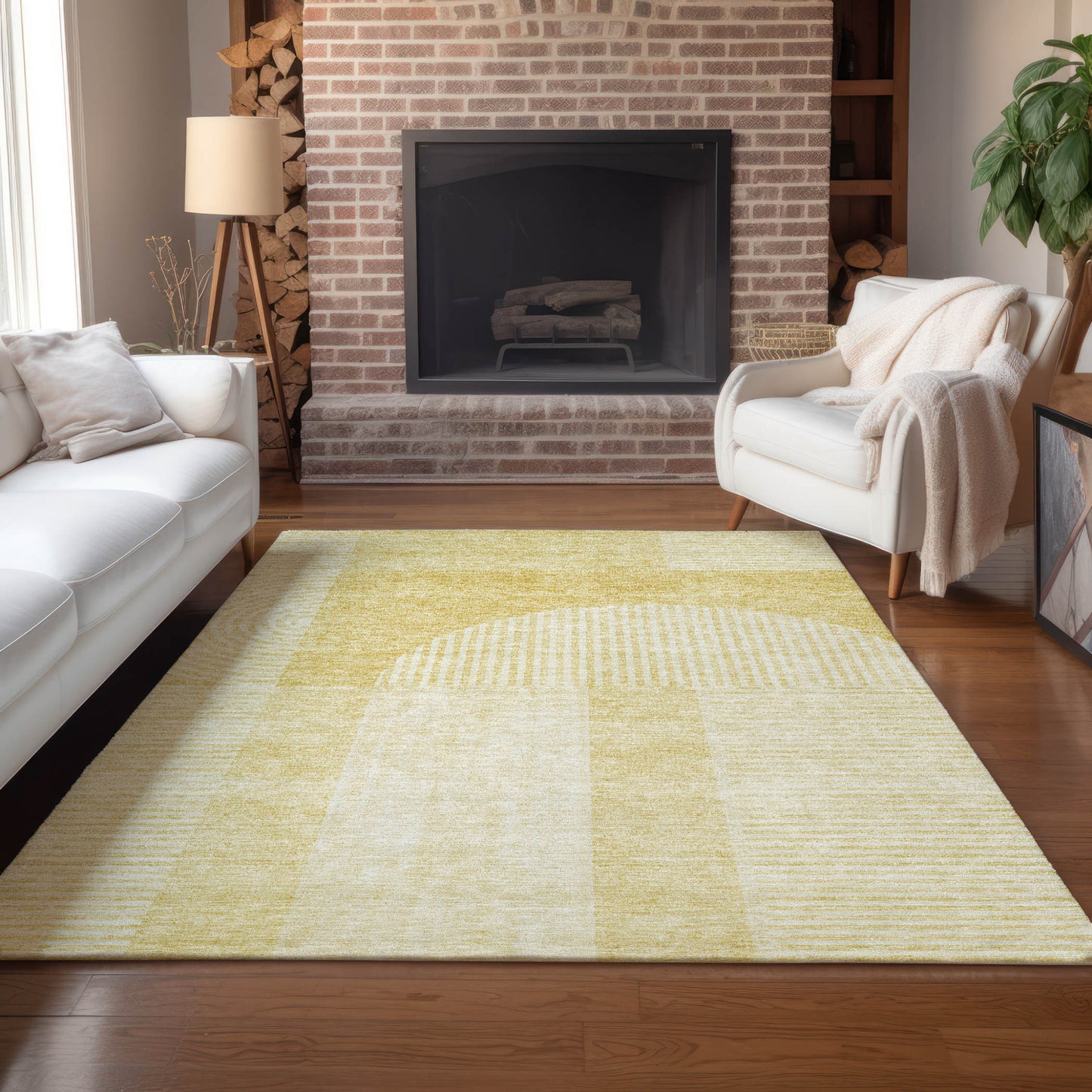 9' X 12' Gold Ivory And Yellow Geometric Washable Indoor Outdoor Area Rug