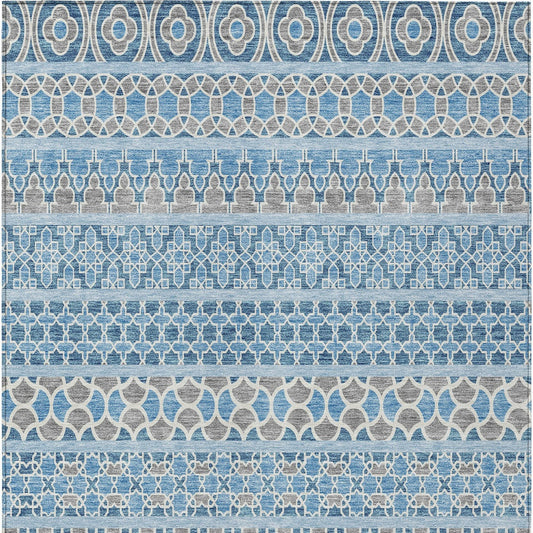 10' X 14' Sky Blue And Denim Blue Quatrefoil Washable Indoor Outdoor Area Rug