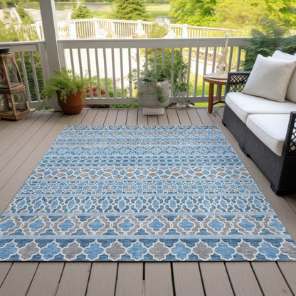 10' X 14' Sky Blue And Denim Blue Quatrefoil Washable Indoor Outdoor Area Rug