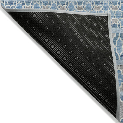 10' X 14' Sky Blue And Denim Blue Quatrefoil Washable Indoor Outdoor Area Rug