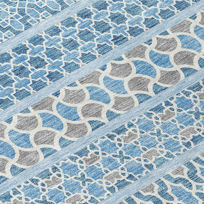 10' X 14' Sky Blue And Denim Blue Quatrefoil Washable Indoor Outdoor Area Rug