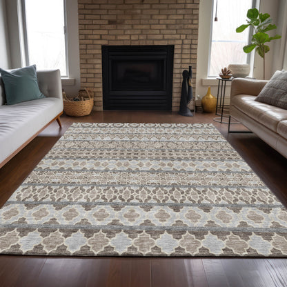 10' X 14' Taupe Beige And Gray Quatrefoil Washable Indoor Outdoor Area Rug