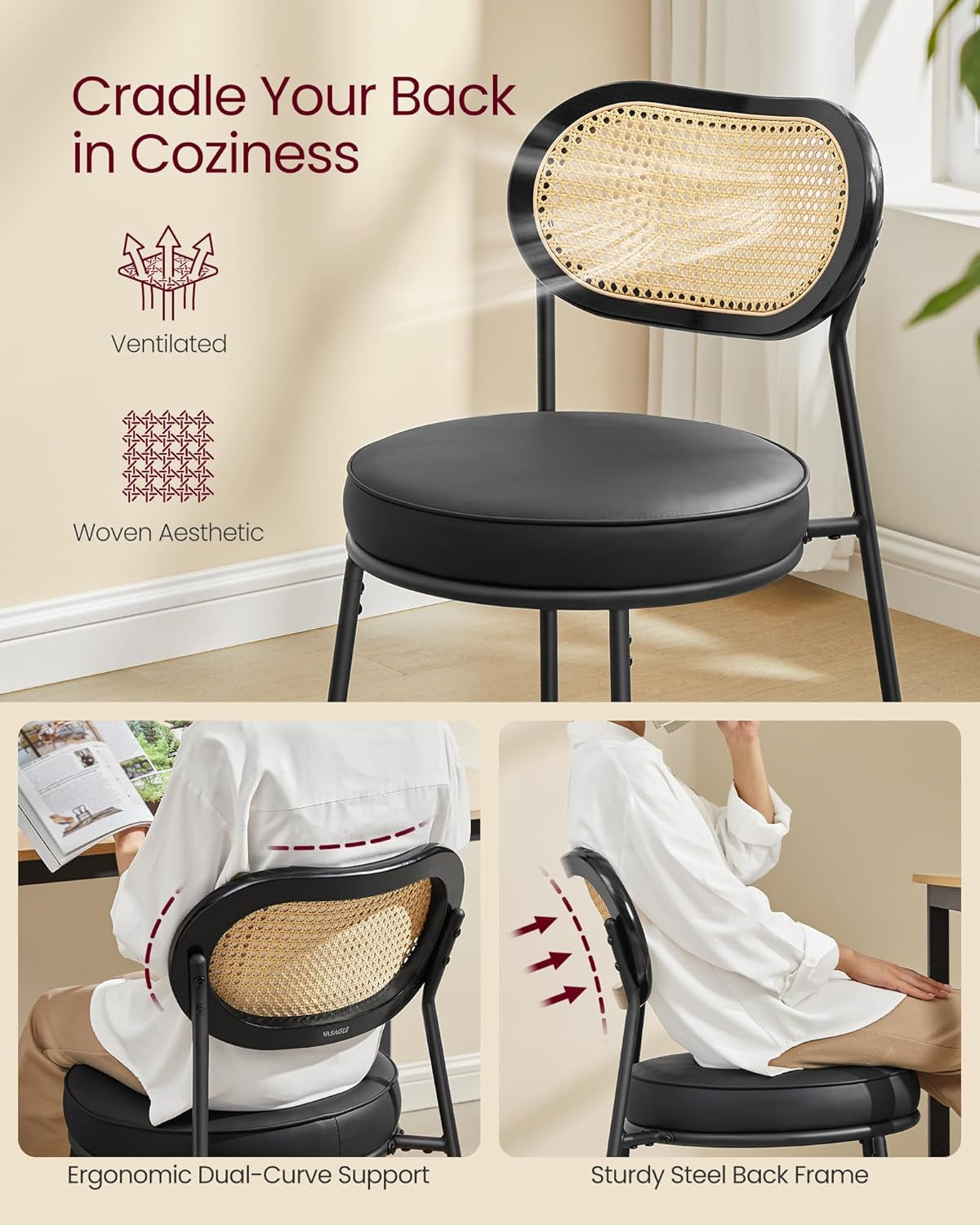 Dining Chairs, Set of 4 Dining Room Chairs with Boho PE Rattan Back, Synthetic Leather Upholstered Accent Chairs for Kitchen Living Room, Ink Black ULDC160B24-3