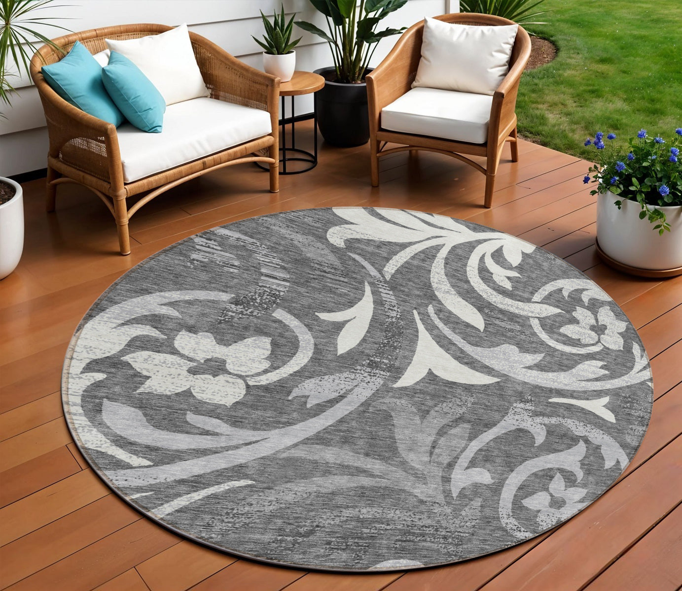 8' Charcoal Silver And Gray Round Floral Washable Indoor Outdoor Area Rug