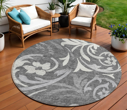 8' Charcoal Silver And Gray Round Floral Washable Indoor Outdoor Area Rug