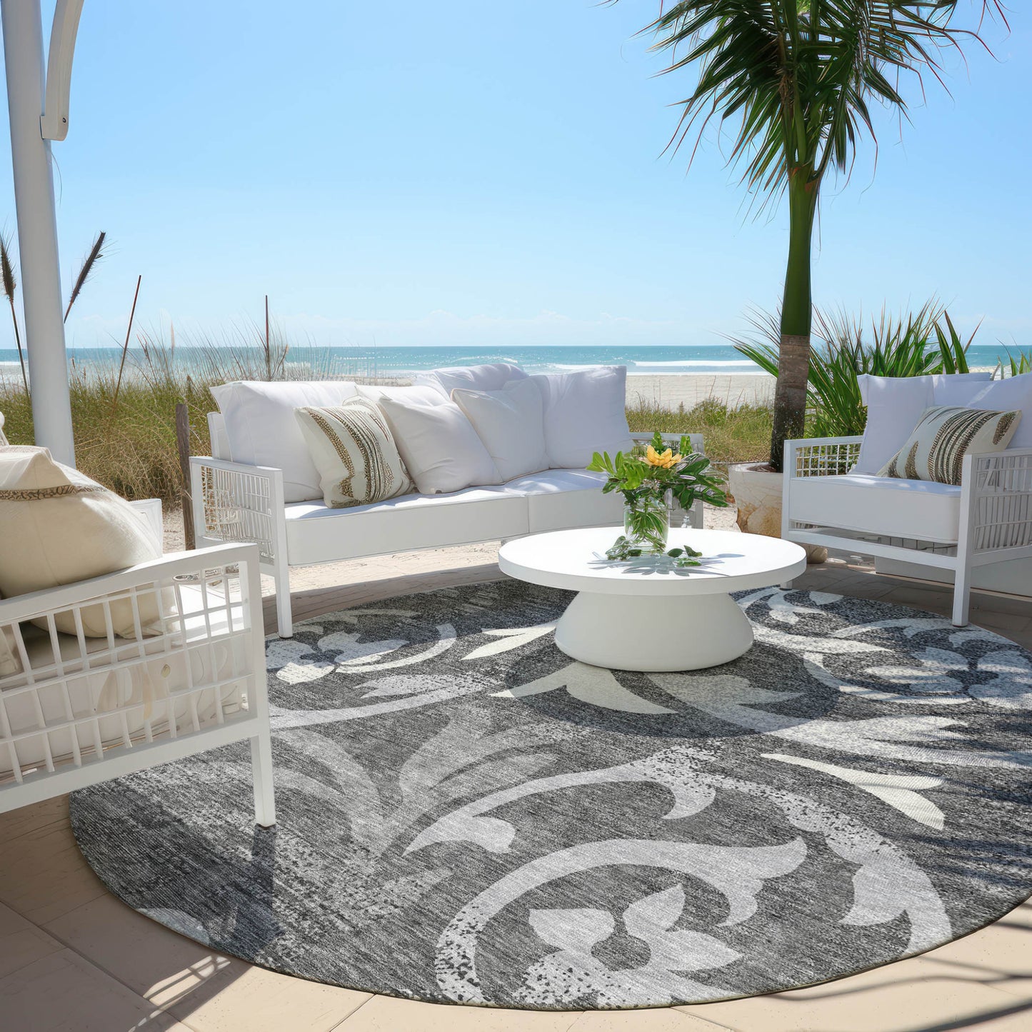 8' Charcoal Silver And Gray Round Floral Washable Indoor Outdoor Area Rug