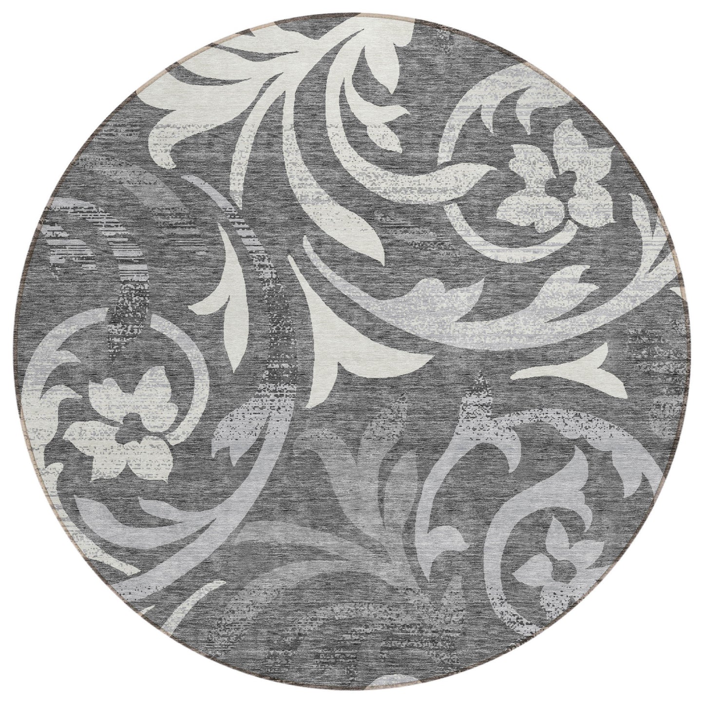 8' Charcoal Silver And Gray Round Floral Washable Indoor Outdoor Area Rug