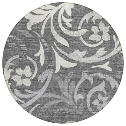 8' Charcoal Silver And Gray Round Floral Washable Indoor Outdoor Area Rug