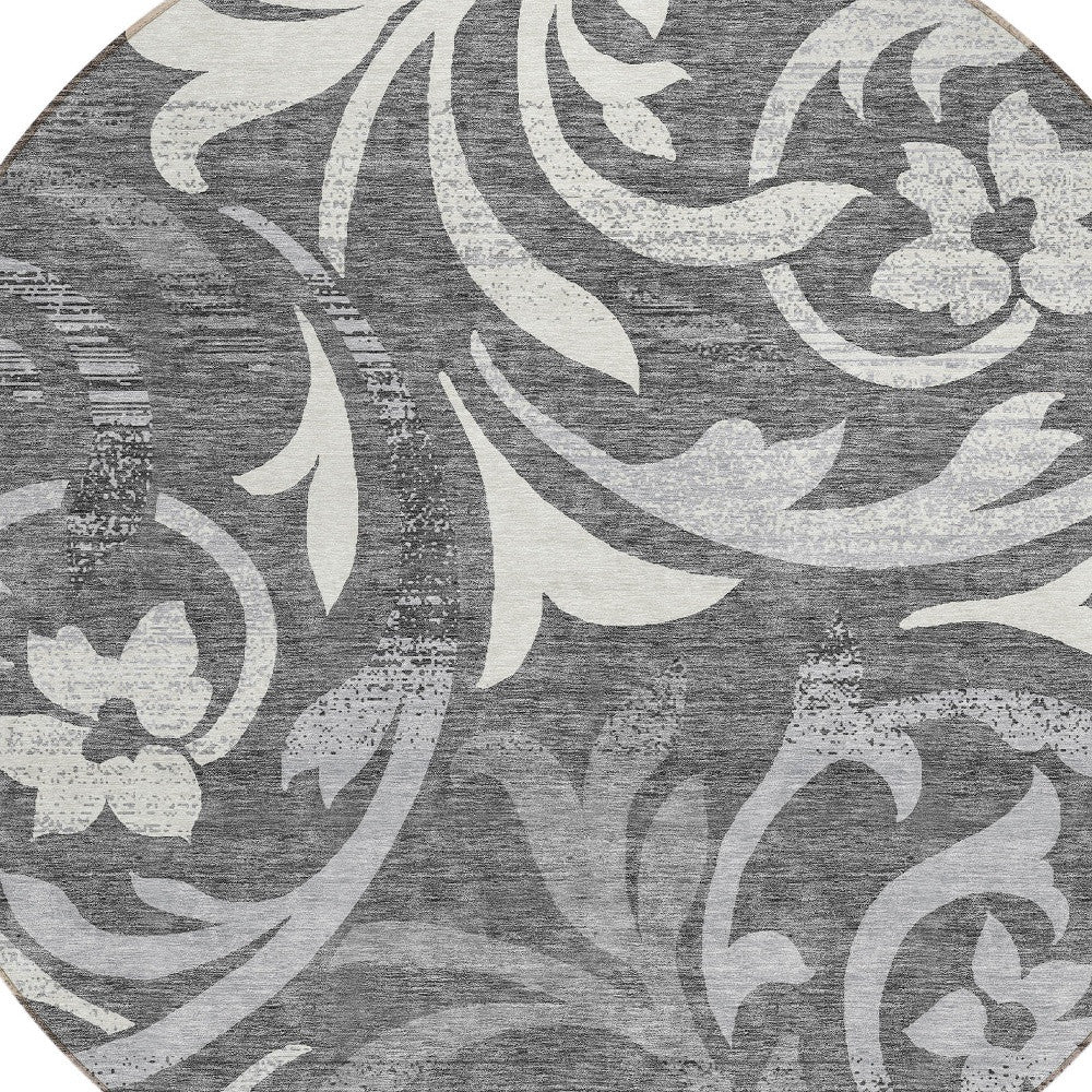 8' Charcoal Silver And Gray Round Floral Washable Indoor Outdoor Area Rug