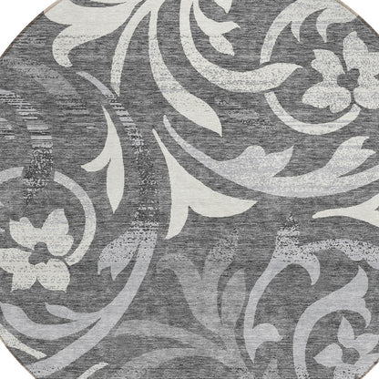 8' Charcoal Silver And Gray Round Floral Washable Indoor Outdoor Area Rug