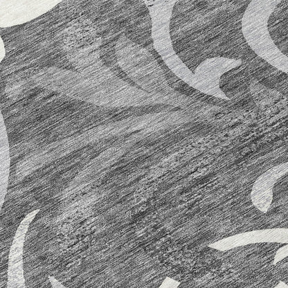 8' Charcoal Silver And Gray Round Floral Washable Indoor Outdoor Area Rug