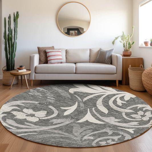 8' Charcoal Silver And Gray Round Floral Washable Indoor Outdoor Area Rug