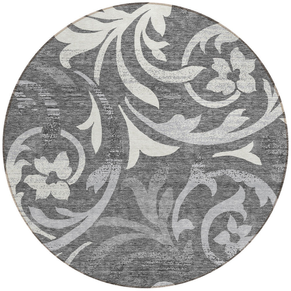 8' Charcoal Silver And Gray Round Floral Washable Indoor Outdoor Area Rug