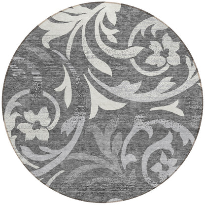 8' Charcoal Silver And Gray Round Floral Washable Indoor Outdoor Area Rug