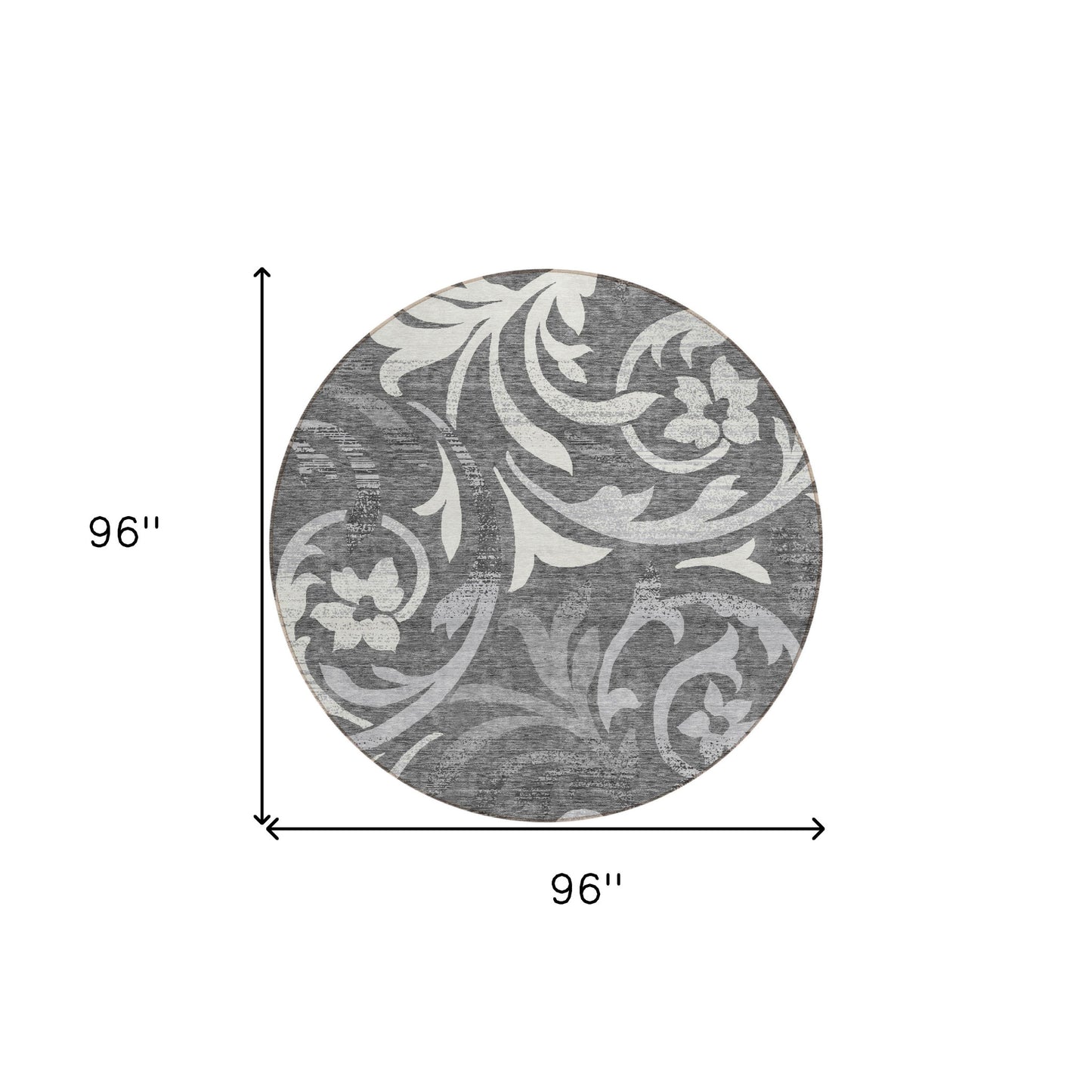 8' Charcoal Silver And Gray Round Floral Washable Indoor Outdoor Area Rug