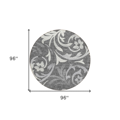 8' Charcoal Silver And Gray Round Floral Washable Indoor Outdoor Area Rug