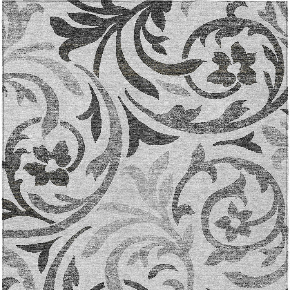 8' X 10' Gray Charcoal And Silver Floral Washable Indoor Outdoor Area Rug