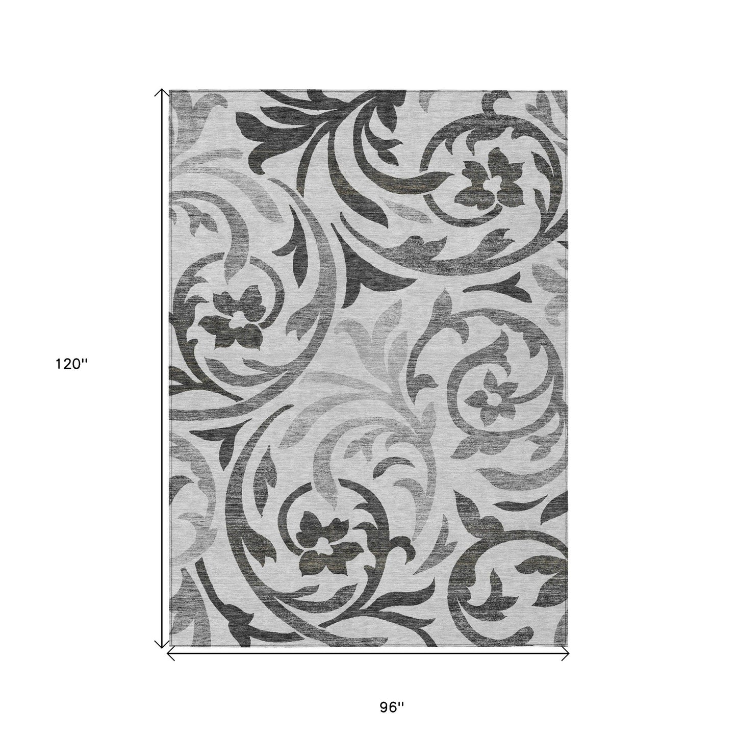 8' X 10' Gray Charcoal And Silver Floral Washable Indoor Outdoor Area Rug