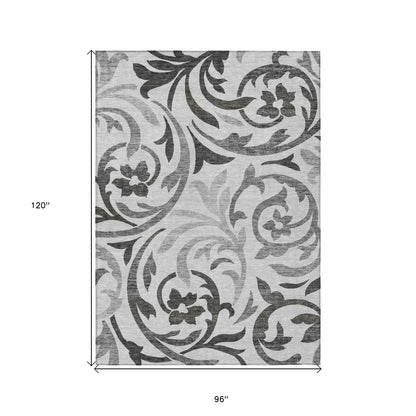 8' X 10' Gray Charcoal And Silver Floral Washable Indoor Outdoor Area Rug